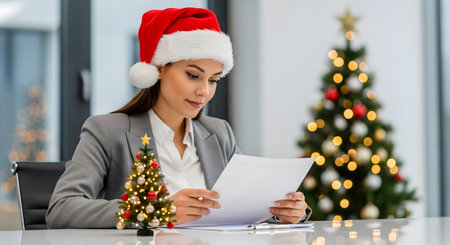 businesswoman in santa hat with papers and christmas tree at officeの素材