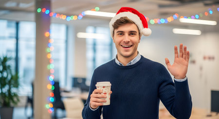 young man in santa hat holding coffee cup and waving hand in officeの素材