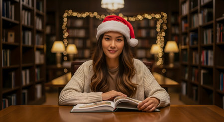 Young woman in Santa hat reading a book in library at christmas timeの素材