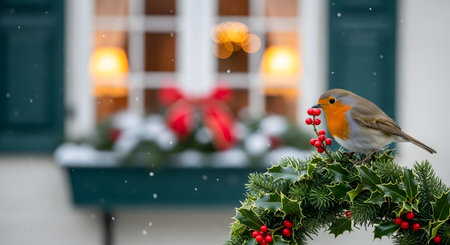 robin bird sitting on a christmas wreath with snowflakesの素材