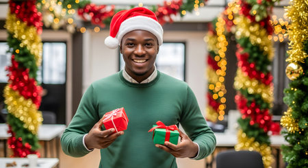 african american man in santa hat holding christmas gift boxの素材