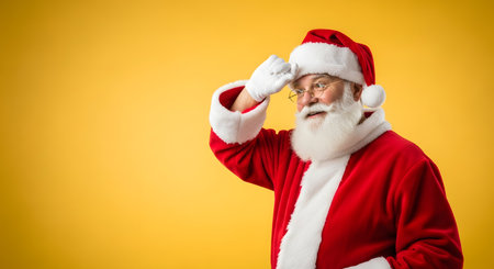 Santa Claus with eyeglasses on yellow background. Christmas concept.の素材