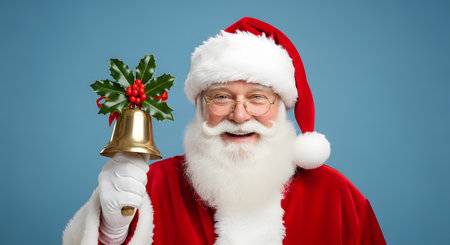 christmas, holidays and people concept - close up of santa claus with bell over blue backgroundの素材