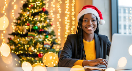 happy african american woman in santa hat using laptop at christmasの素材