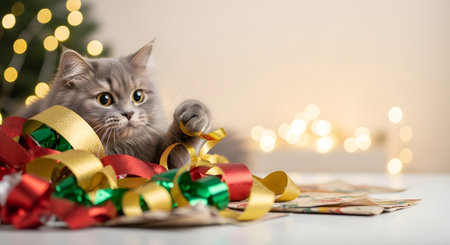 Cute cat with Christmas gifts on white table. New Year celebrationの素材
