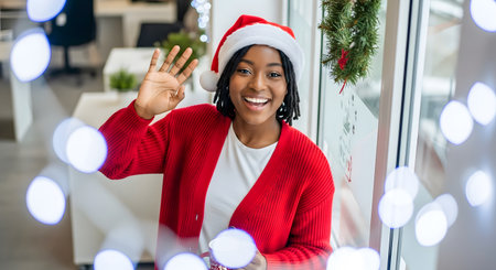 african american woman in santa hat waving at christmas windowの素材