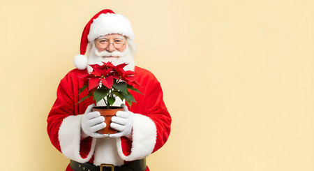 Santa Claus with poinsettia on a yellow background. Christmas conceptの素材