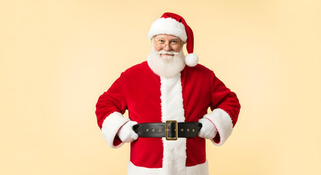 Portrait of santa claus with belt on his waist on a yellow backgroundの素材