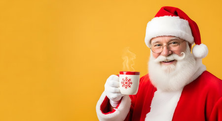 Santa Claus drinking hot coffee on a yellow background. Christmas and New Year conceptの素材