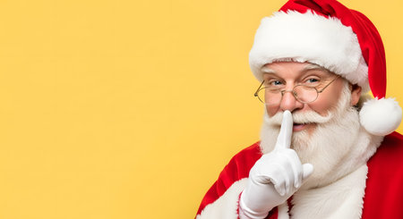 Portrait of santa claus showing silence gesture on yellow backgroundの素材