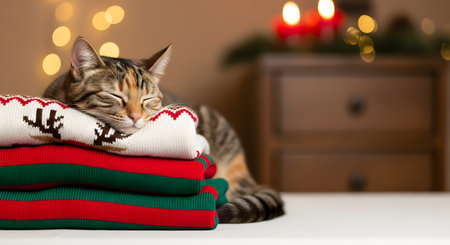 Cute tabby cat sleeping on stack of christmas sweatersの素材