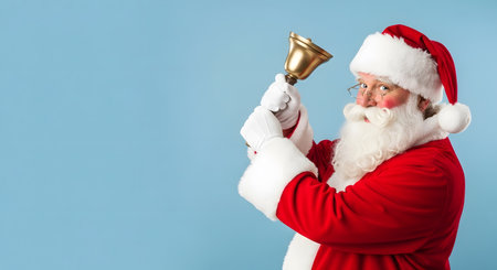 christmas, holidays and people concept - man in costume of santa claus with bell over blue backgroundの素材