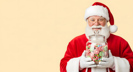 Portrait of Santa Claus holding jar full of candies and looking at camera on yellow backgroundの素材