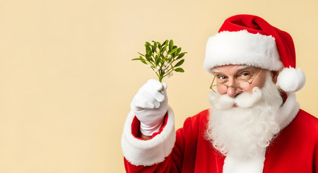 santa claus with a christmas plant on a yellow backgroundの素材