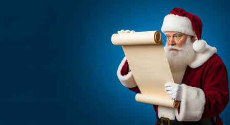 santa claus holding a blank sheet of paper on blue backgroundの素材
