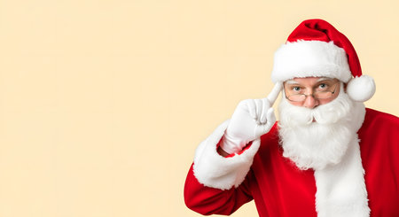 Portrait of santa claus with eyeglasses touching his glasses on yellow backgroundの素材