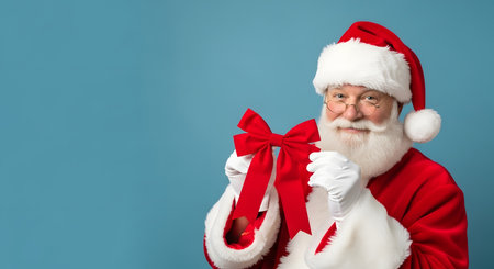 Portrait of Santa Claus holding gift box and looking at camera on blue backgroundの素材