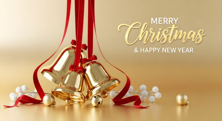 Merry Christmas and Happy New Year. Golden bells with red ribbon on golden backgroundの素材