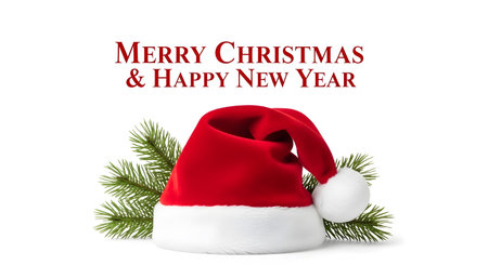 Merry Christmas and Happy New Year greeting card with Santa Claus hatの素材