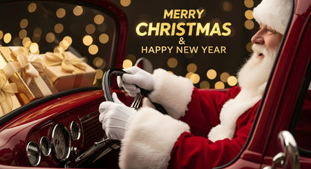 santa claus driving a car with christmas greetings on backgroundの素材