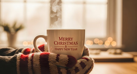 Merry Christmas and Happy New Year greeting card. Woman in warm sweater holding a cup of coffee at homeの素材