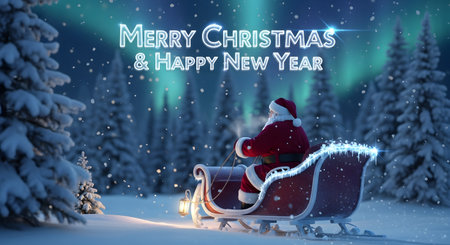 Merry Christmas and Happy New Year greeting card with Santa Claus on sleigh in snowy forest. 3D renderingの素材