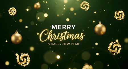 Merry Christmas and Happy New Year greeting card with golden bokeh lights. Vector illustrationの素材