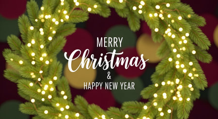 Merry Christmas and Happy New Year greeting card with glowing garland on blurred background.の素材