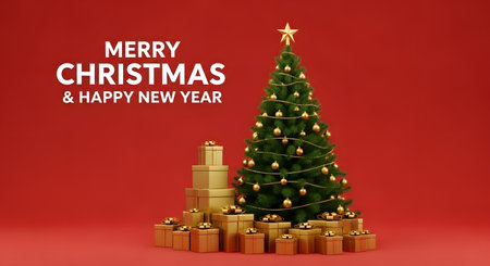 Merry Christmas and Happy New Year background with Christmas tree and gift boxesの素材