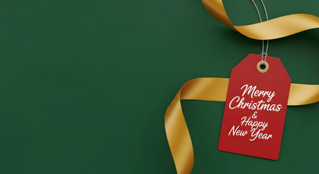 Merry Christmas and Happy New Year red tag with golden ribbon on green backgroundの素材