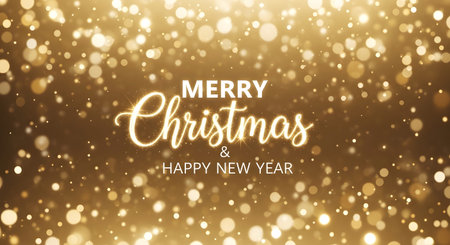 Merry Christmas and Happy New Year greeting card with golden bokeh lights. Vector illustrationの素材