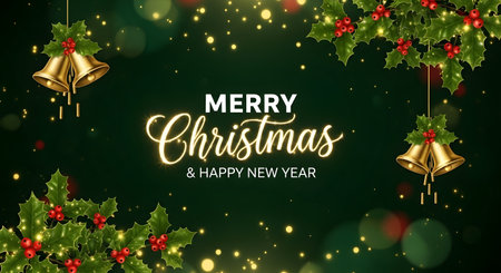 Merry Christmas and Happy New Year greeting card with holly berries and golden bells.の素材