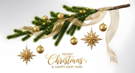 Merry Christmas and Happy New Year greeting card with golden decoration. Vector illustration.の素材