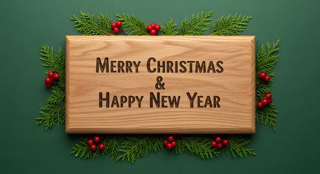 Merry Christmas and Happy New Year on wooden board with pine branches and holly berries on green backgroundの素材