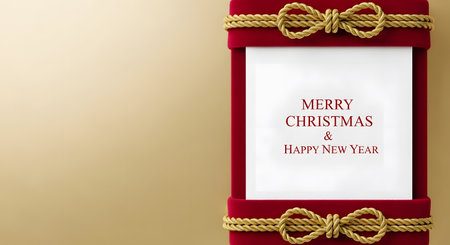 Merry Christmas and Happy New Year card with red gift box on gold backgroundの素材