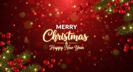 Merry Christmas and Happy New Year greeting card with fir branches on red background. Vector illustration.の素材