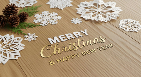 Merry Christmas and Happy New Year with white paper snowflakes on wooden backgroundの素材