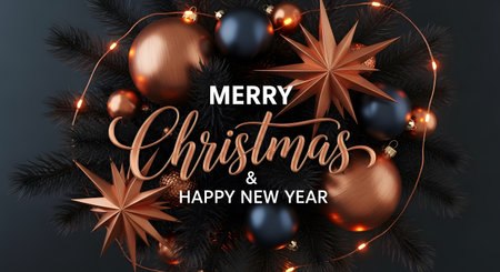 Merry Christmas and Happy New Year greeting card. Golden and black baubles on black background.の素材