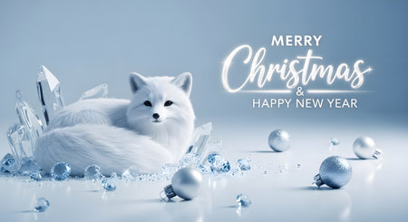 Merry Christmas and Happy New Year greeting card with cute white foxesの素材