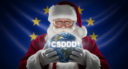 santa claus holding a globe against digitally generated european union flagの素材
