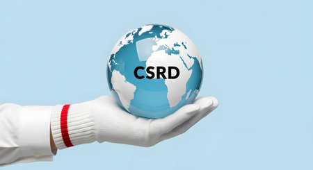 Hand in white glove holding earth globe with csr word on blue backgroundの素材