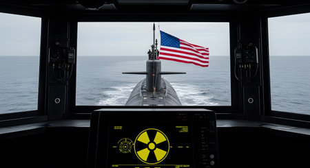 Submarine with American flag in the background. 3D rendering.の素材