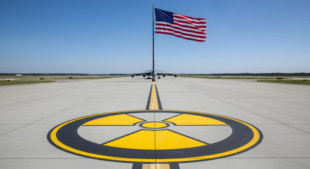 American Flag on an Airplane Runway, United States of Americaの素材