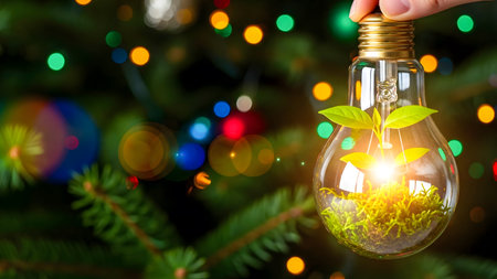 Close up of human hand holding light bulb with green sprout insideの素材