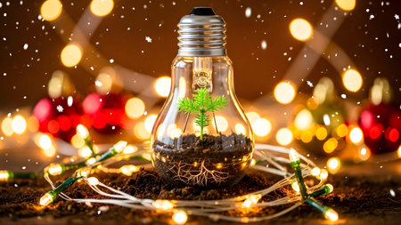Energy saving light bulb in soil with christmas lights bokeh backgroundの素材