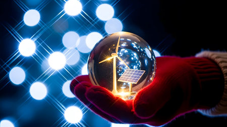 Close up of human hands holding glass globe with renewable energy concept.の素材