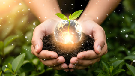 Closeup of woman hands holding earth globe with green plant in itの素材