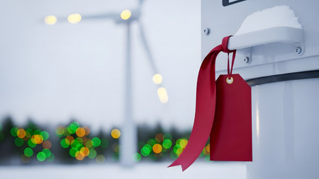 Red paper price tag hanging on a wind turbine. 3d renderingの素材