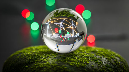 Glass globe with the image of the city on the green moss. 3D renderingの素材