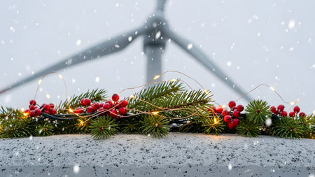 Christmas wreath on a white background with snow and wind turbines.の素材